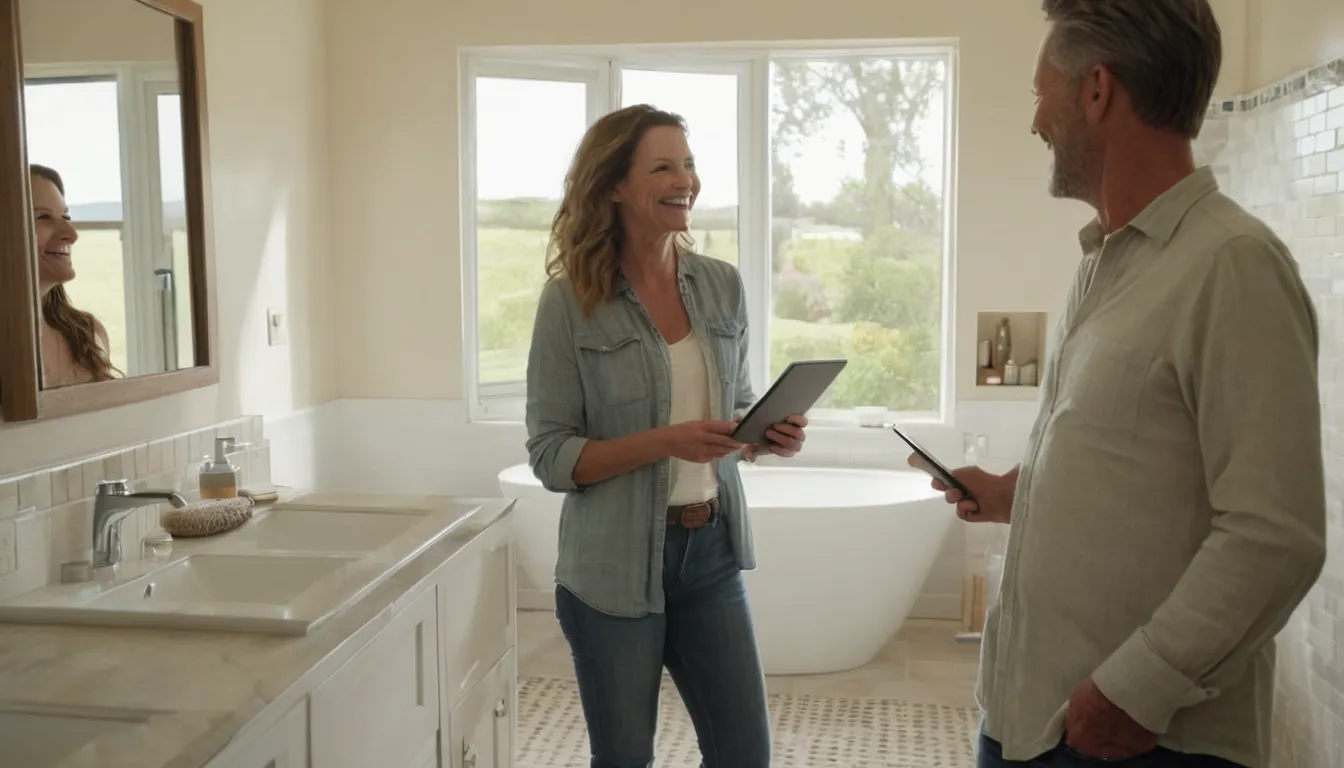 Homeowners reviewing bathroom remodel plans with a local provider in the Sayreville area